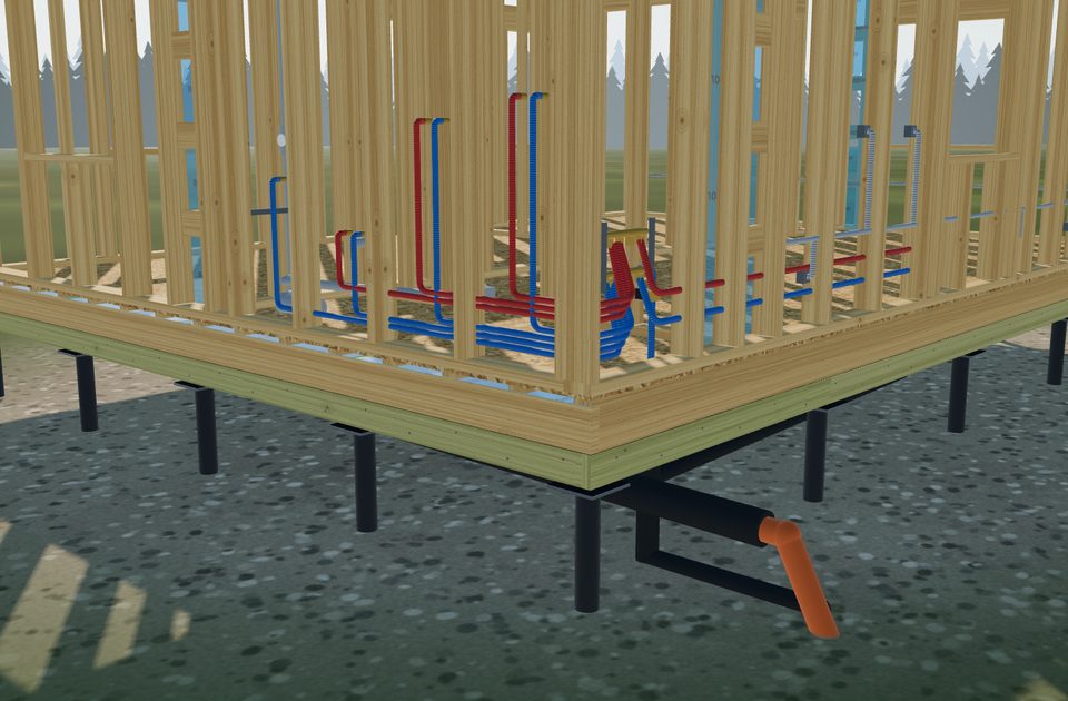 Канализация: так этап выглядит на 3D-модели каркасного дома
