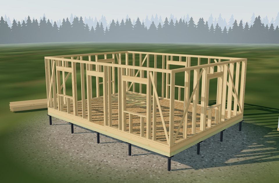 Каркас стен и проёмы: так этап выглядит на 3D-модели каркасного дома