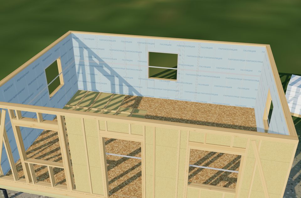 Пароизоляция: так этап выглядит на 3D-модели каркасного дома
