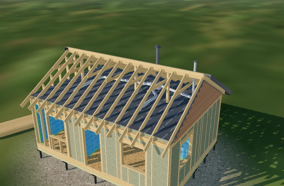 Вентиляция: так этап выглядит на 3D-модели каркасного дома