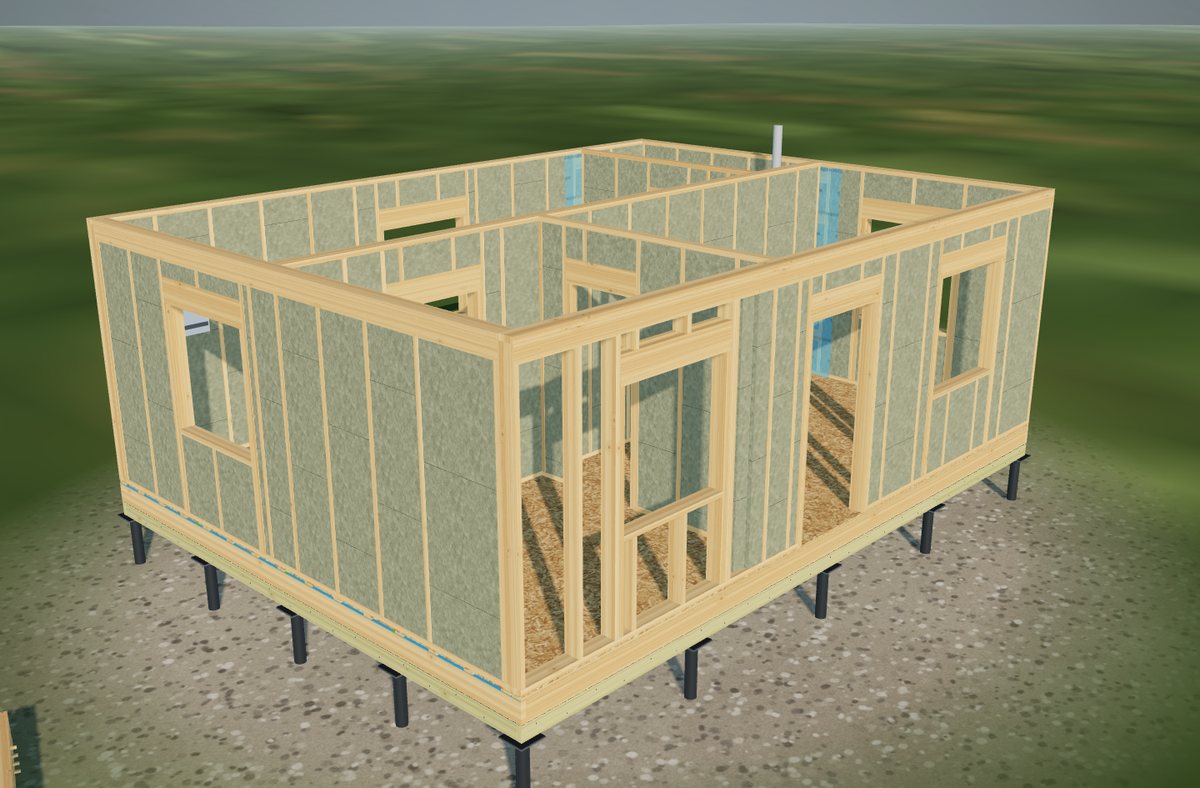 Каркасный дом на 3D-модели на этапе утепления: стойки каркаса, вата между ними, проёмы окон