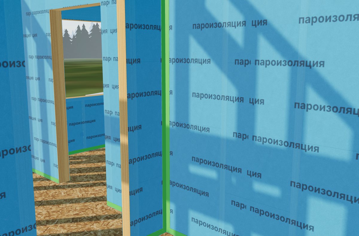 Стена каркасного дома на 3D-модели: пароизоляция с проклейкой по низу и верху стены